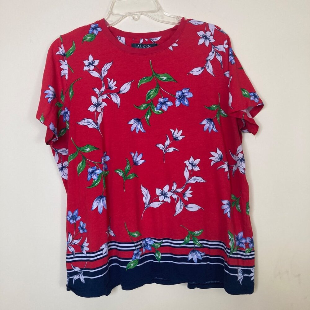 Lauren Ralph Lauren Shirt Womens 2X Red Navy Blue Floral Garden Casual Top